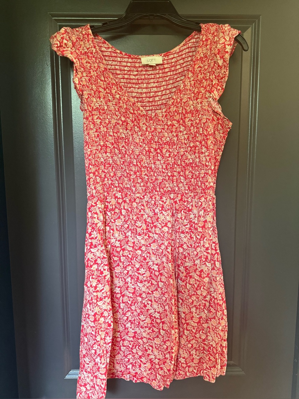 LOFT Red-Pink Floral Smocked Cap Sleeve Mini Dress
